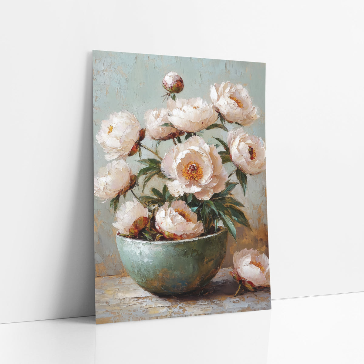 Ivory Peonies Teal Bowl Painterly art print leaning against a white wall – blush-white peonies with orange centers spilling