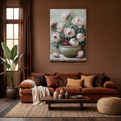 Pink Peonies Plum Bloom Brushwork wall art in a warm boho-style room – blush pink and cream peonies with one burgundy