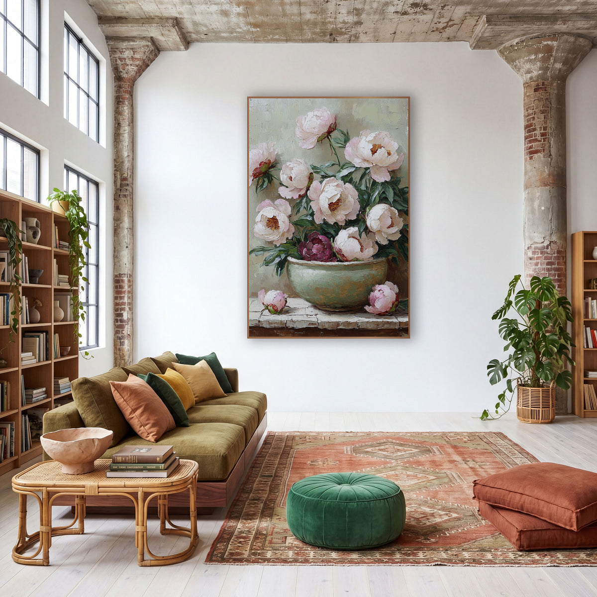 Pink Peonies Plum Bloom Brushwork wall art in a warm boho-style room – blush pink and cream peonies with one burgundy