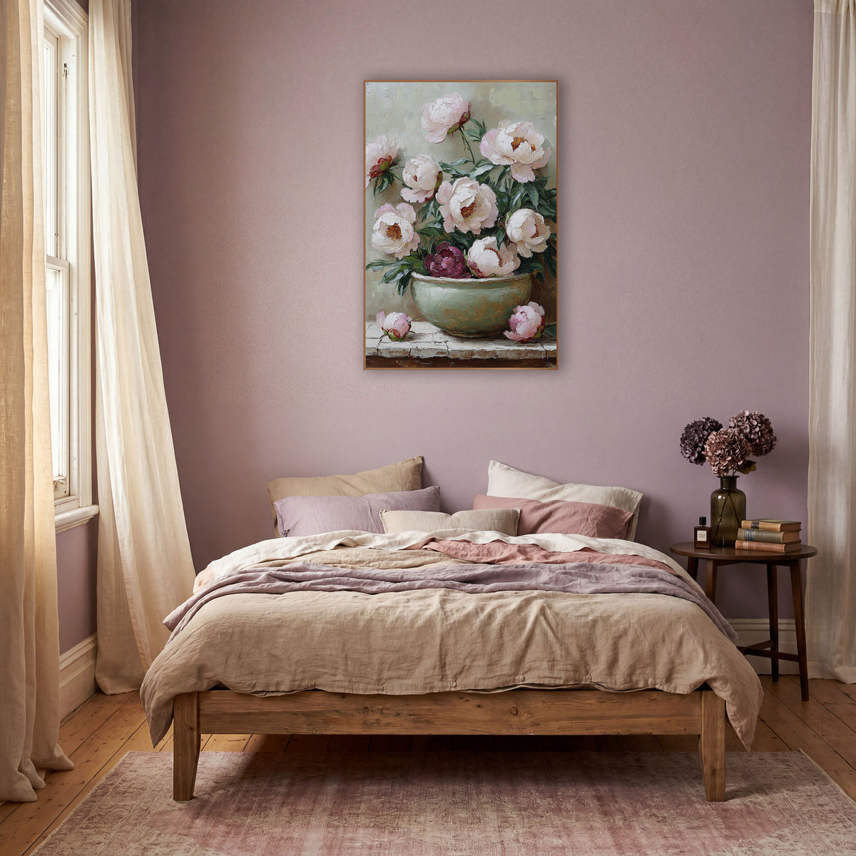 Pink Peonies Plum Bloom Brushwork wall art in a warm boho-style room – blush pink and cream peonies with one burgundy