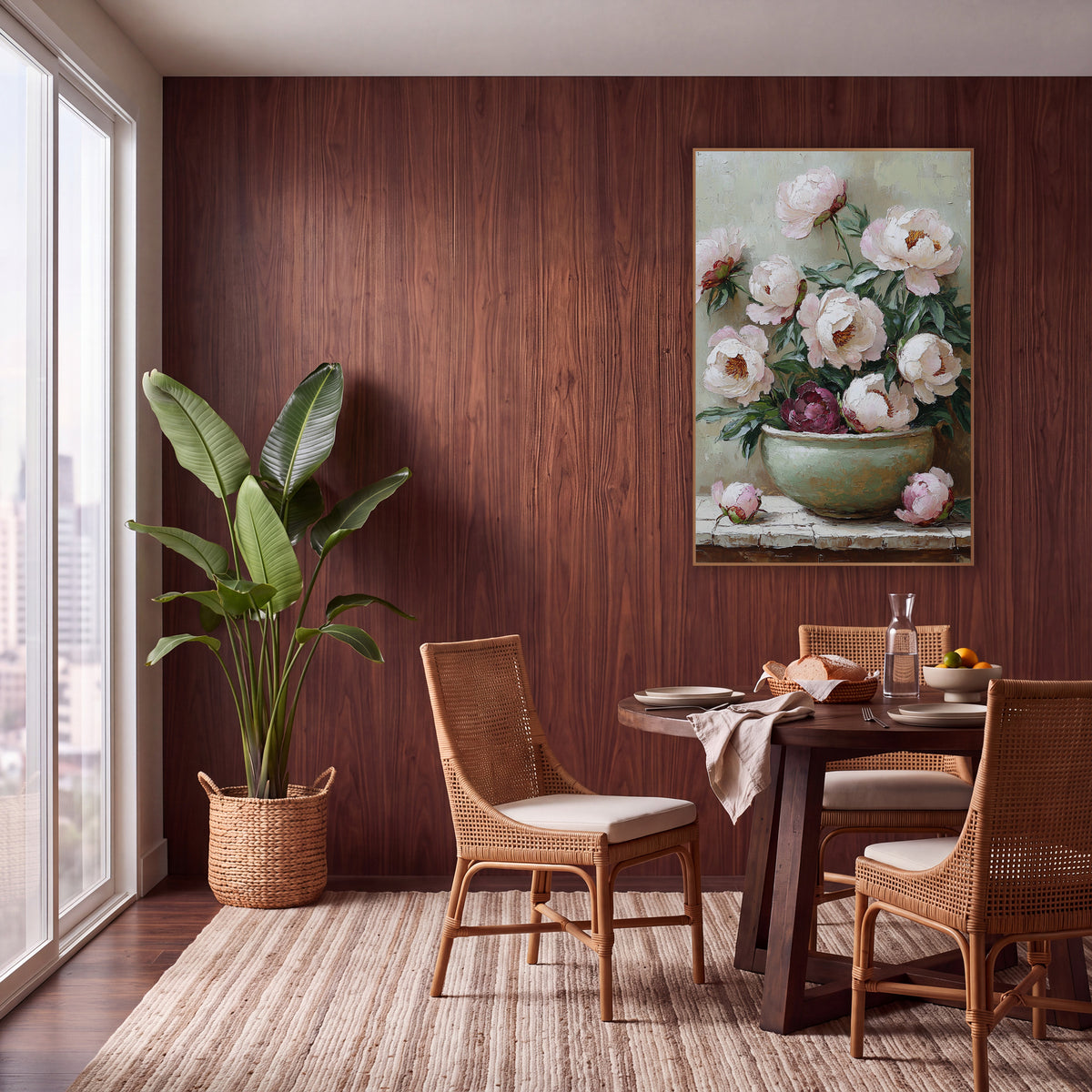 Pink Peonies Plum Bloom Brushwork wall art in a warm boho-style room – blush pink and cream peonies with one burgundy