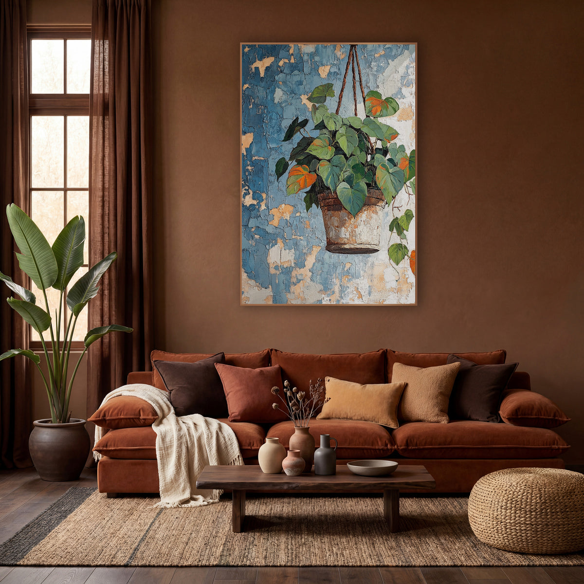Hanging Heartleaf Plant Boho Botanical wall art in a warm boho-style room – heart-shaped green and orange leaves