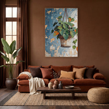 Hanging Heartleaf Plant Boho Botanical wall art in a warm boho-style room – heart-shaped green and orange leaves