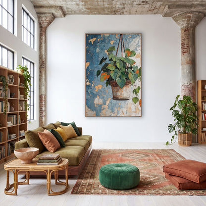 Hanging Heartleaf Plant Boho Botanical wall art in a warm boho-style room – heart-shaped green and orange leaves