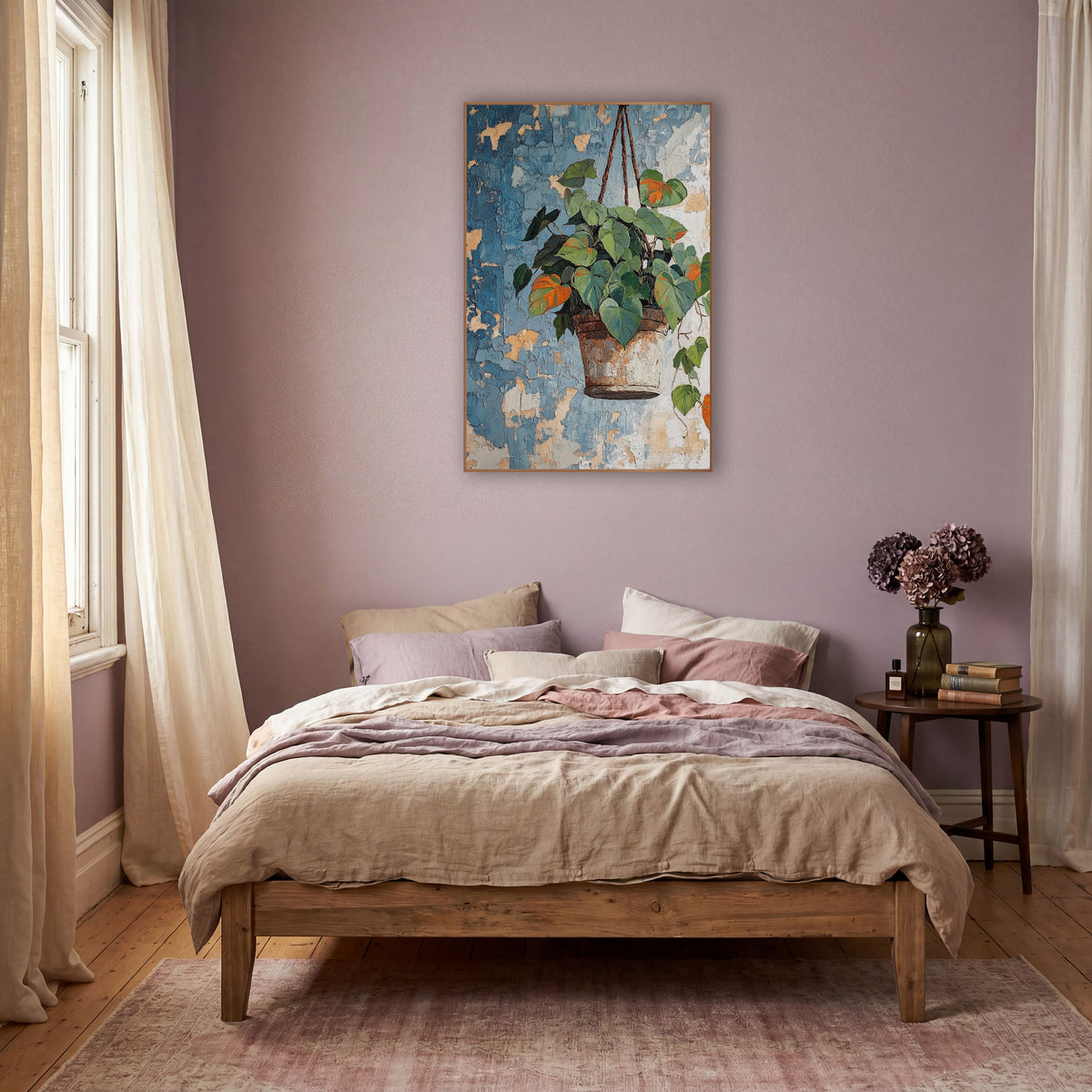 Hanging Heartleaf Plant Boho Botanical wall art in a warm boho-style room – heart-shaped green and orange leaves