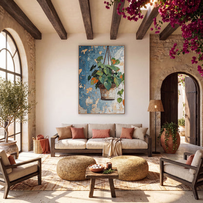 Hanging Heartleaf Plant Boho Botanical wall art in a warm boho-style room – heart-shaped green and orange leaves