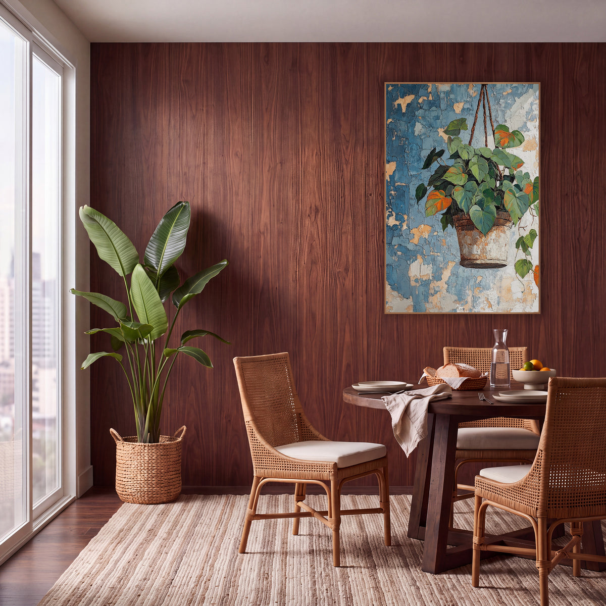 Hanging Heartleaf Plant Boho Botanical wall art in a warm boho-style room – heart-shaped green and orange leaves