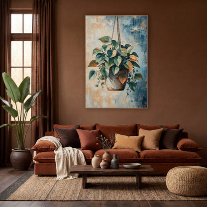 Hanging Heartleaf Philodendron Boho Botanical wall art in a warm boho-style room – hanging philodendron with green