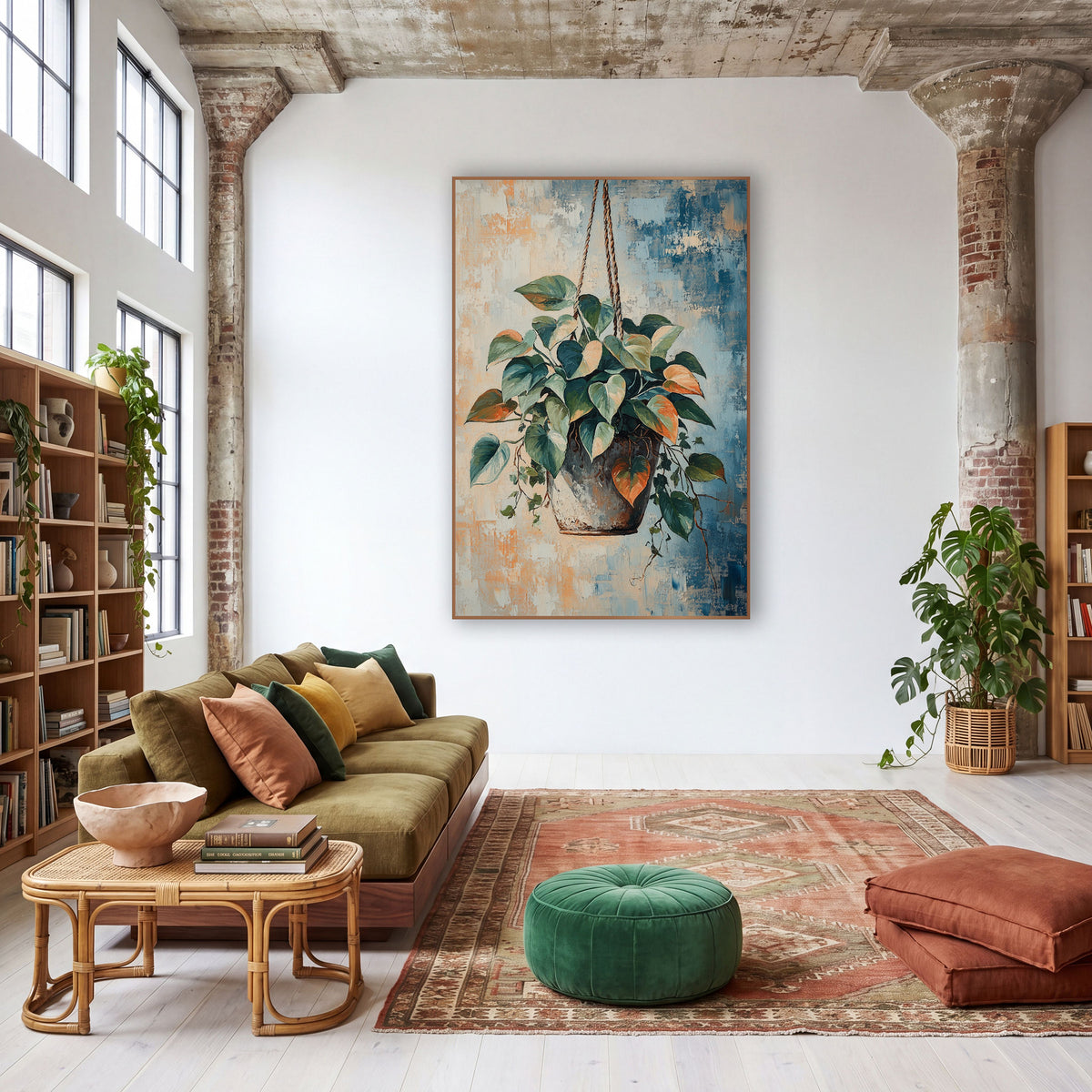 Hanging Heartleaf Philodendron Boho Botanical wall art in a warm boho-style room – hanging philodendron with green