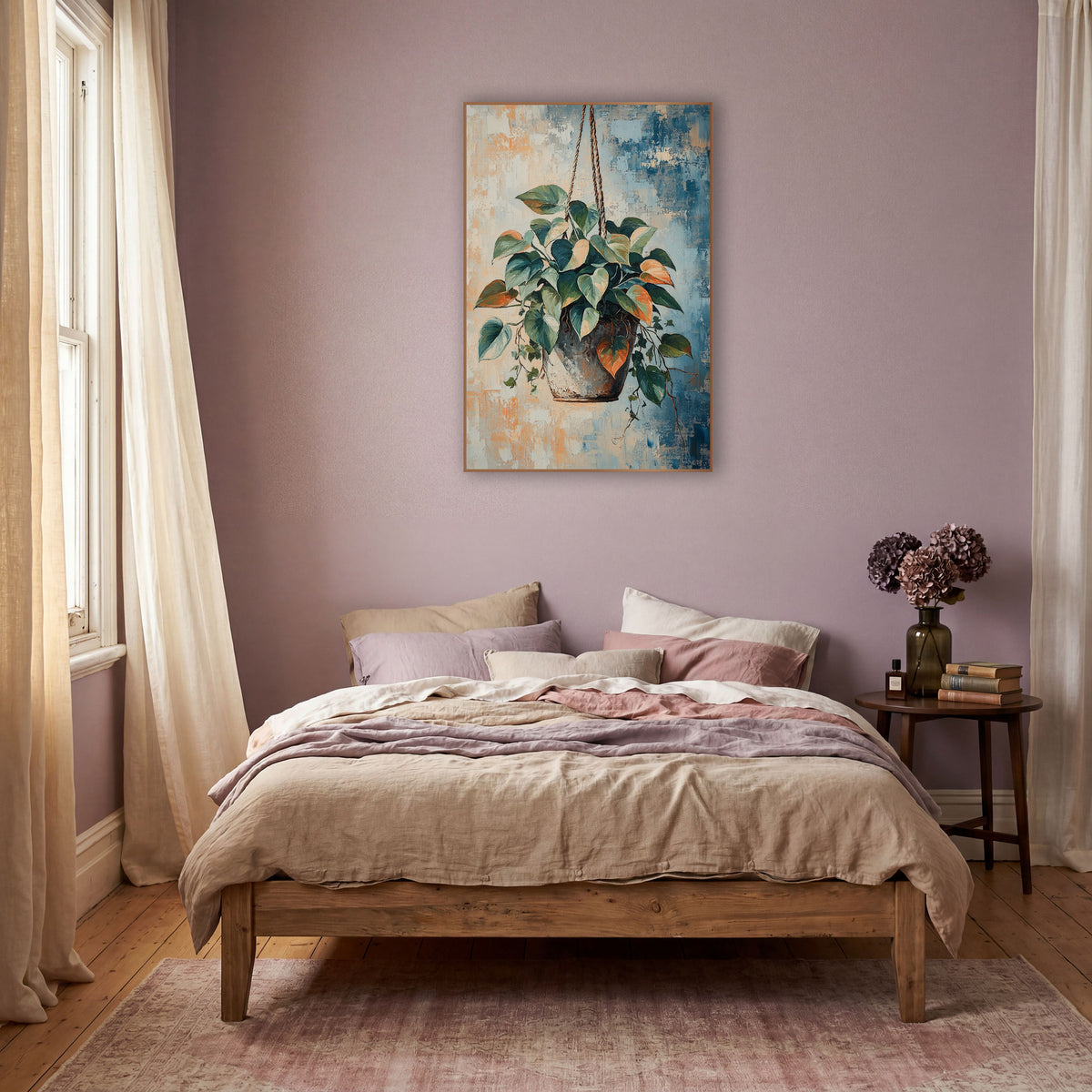 Hanging Heartleaf Philodendron Boho Botanical wall art in a warm boho-style room – hanging philodendron with green