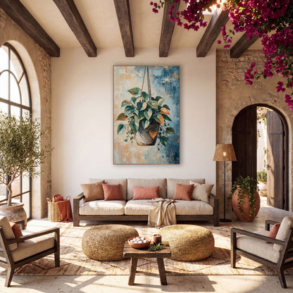 Hanging Heartleaf Philodendron Boho Botanical wall art in a warm boho-style room – hanging philodendron with green