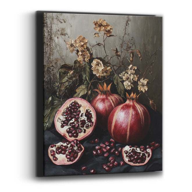 Crimson Pomegranate Dried Floral Still Life Canvas Wall Art