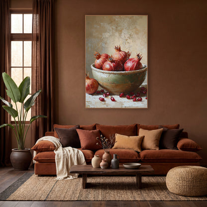 Ruby Pomegranate Bowl Still Life wall art in a warm boho-style room – red pomegranates in a chipped sage-green bowl