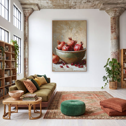 Ruby Pomegranate Bowl Still Life wall art in a warm boho-style room – red pomegranates in a chipped sage-green bowl
