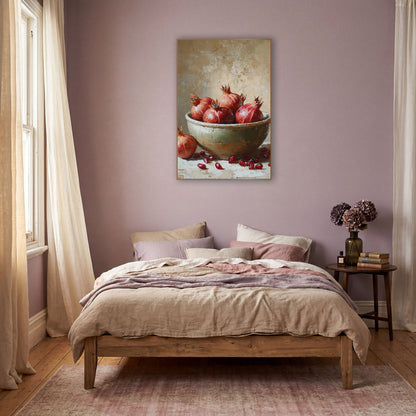 Ruby Pomegranate Bowl Still Life wall art in a warm boho-style room – red pomegranates in a chipped sage-green bowl