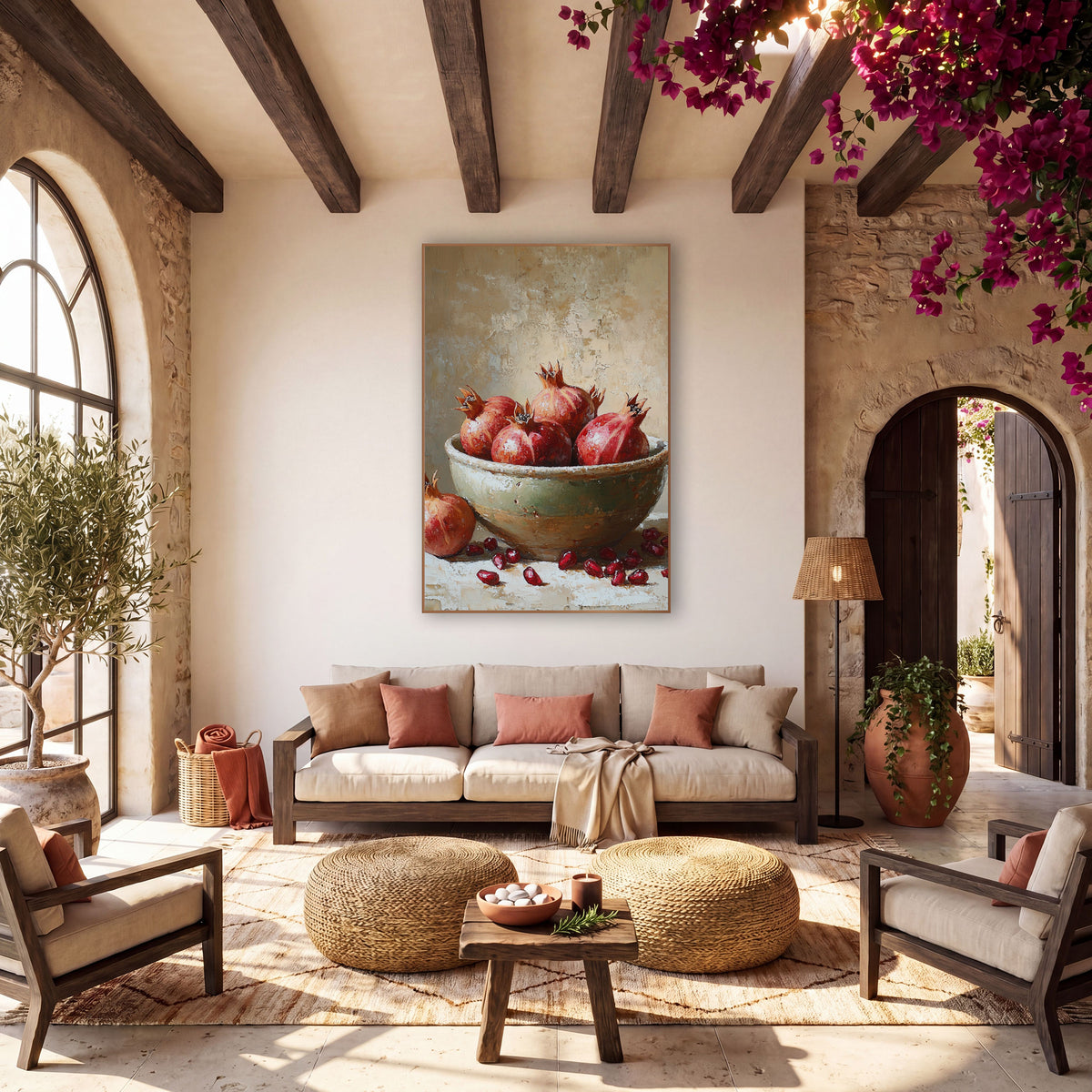 Ruby Pomegranate Bowl Still Life wall art in a warm boho-style room – red pomegranates in a chipped sage-green bowl
