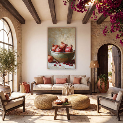 Ruby Pomegranate Bowl Still Life wall art in a warm boho-style room – red pomegranates in a chipped sage-green bowl