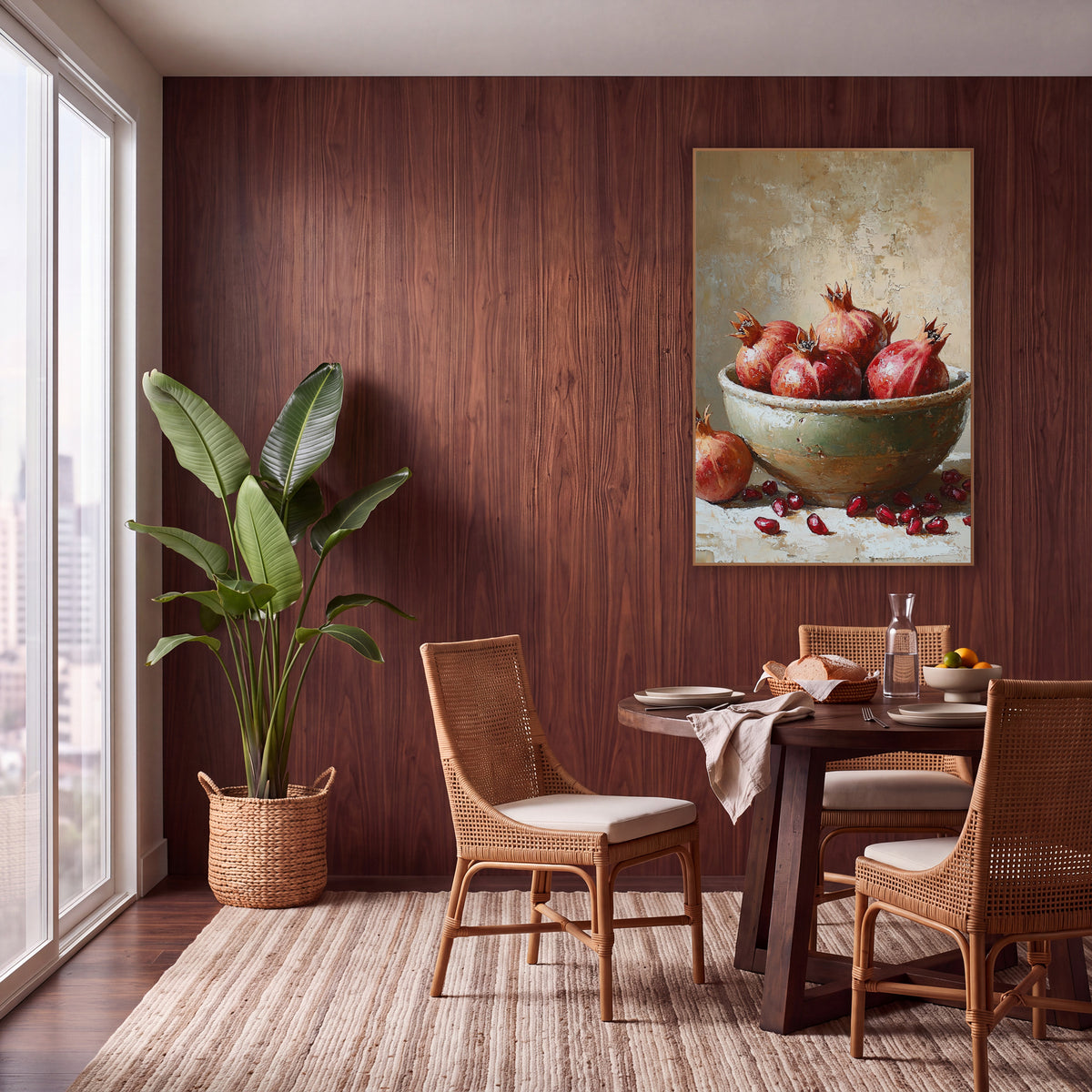 Ruby Pomegranate Bowl Still Life wall art in a warm boho-style room – red pomegranates in a chipped sage-green bowl