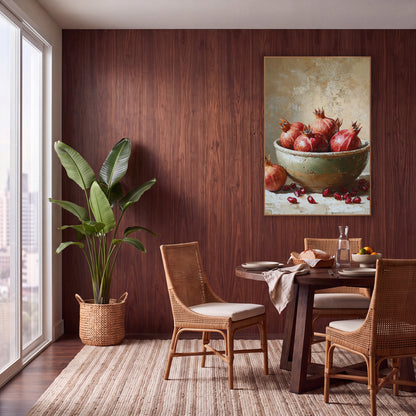 Ruby Pomegranate Bowl Still Life wall art in a warm boho-style room – red pomegranates in a chipped sage-green bowl