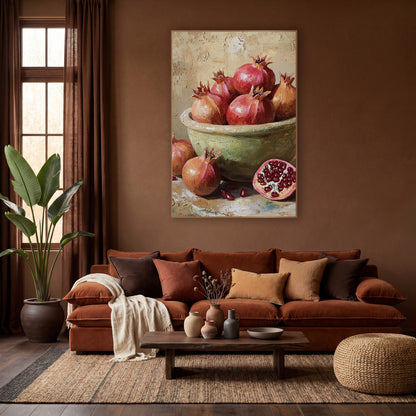Ruby Pomegranate Still Life Boho wall art in a warm boho-style room – still life of ruby pomegranates in a sage-green