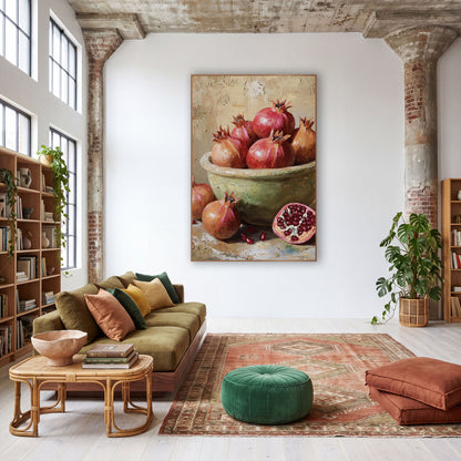 Ruby Pomegranate Still Life Boho wall art in a warm boho-style room – still life of ruby pomegranates in a sage-green