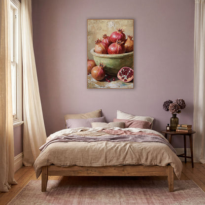 Ruby Pomegranate Still Life Boho wall art in a warm boho-style room – still life of ruby pomegranates in a sage-green