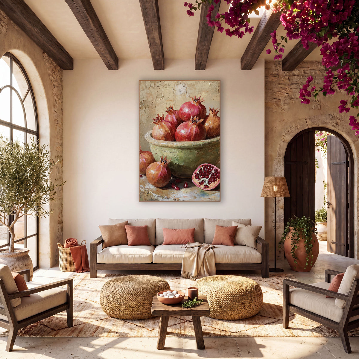 Ruby Pomegranate Still Life Boho wall art in a warm boho-style room – still life of ruby pomegranates in a sage-green