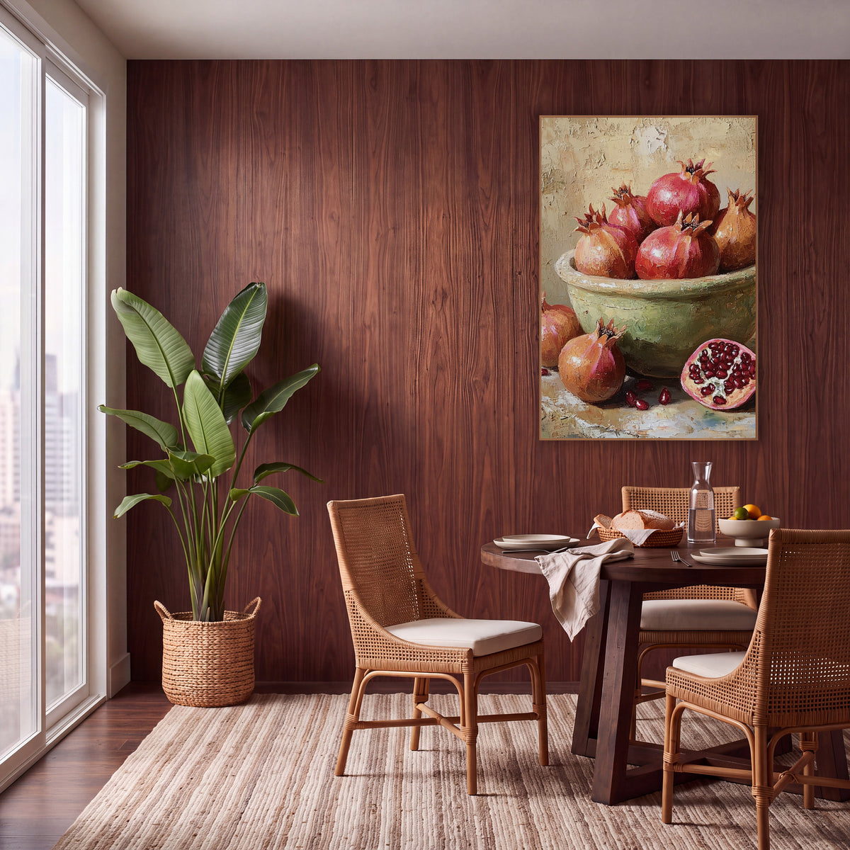 Ruby Pomegranate Still Life Boho wall art in a warm boho-style room – still life of ruby pomegranates in a sage-green