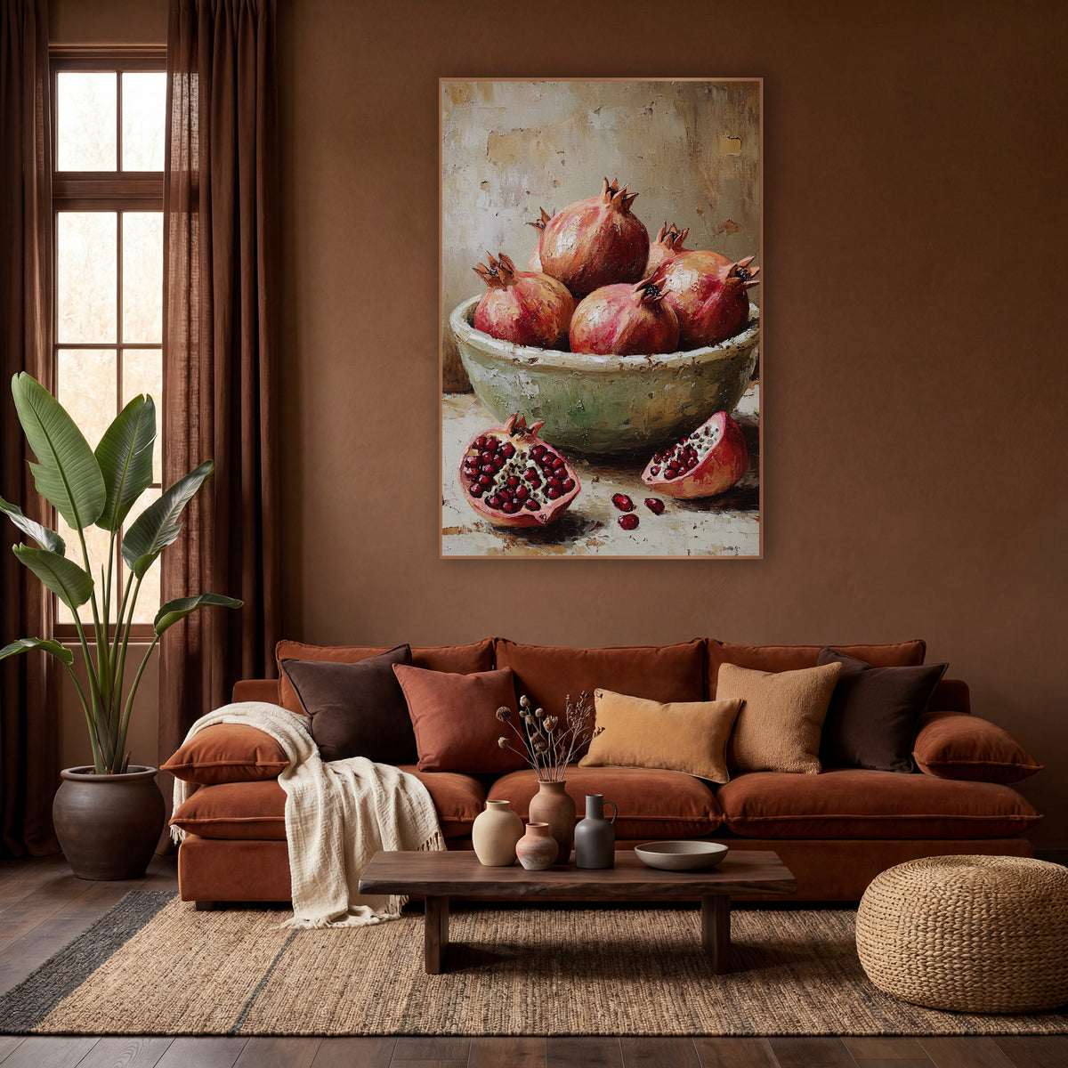Split Pomegranates Chipped Bowl Rustic wall art in a warm boho-style room – still life of pomegranates in a pale green