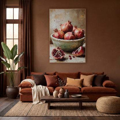 Split Pomegranates Chipped Bowl Rustic wall art in a warm boho-style room – still life of pomegranates in a pale green