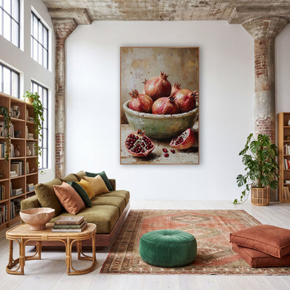 Split Pomegranates Chipped Bowl Rustic wall art in a warm boho-style room – still life of pomegranates in a pale green