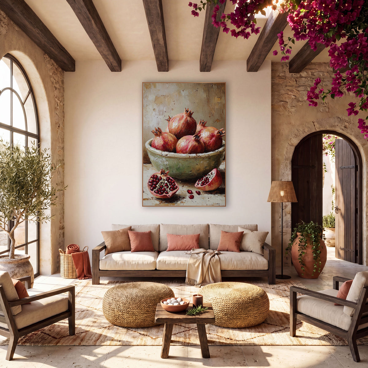 Split Pomegranates Chipped Bowl Rustic wall art in a warm boho-style room – still life of pomegranates in a pale green