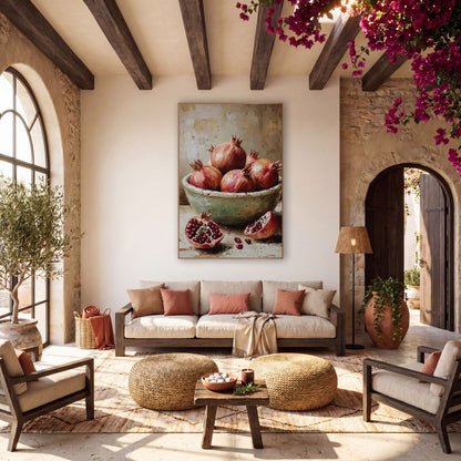 Split Pomegranates Chipped Bowl Rustic wall art in a warm boho-style room – still life of pomegranates in a pale green