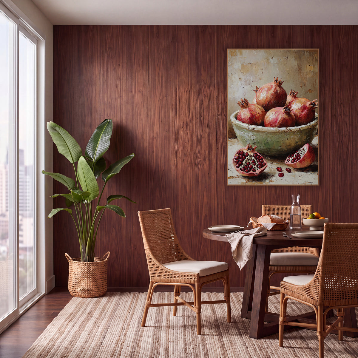 Split Pomegranates Chipped Bowl Rustic wall art in a warm boho-style room – still life of pomegranates in a pale green