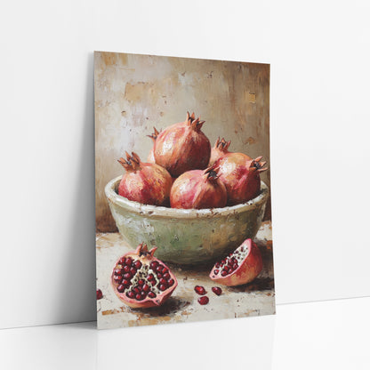 Split Pomegranates Chipped Bowl Rustic art print leaning against a white wall – still life of pomegranates in a pale green
