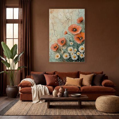 Coral Poppy and Daisy Boho Floral wall art in a warm boho-style room – coral poppies and white daisies with yellow
