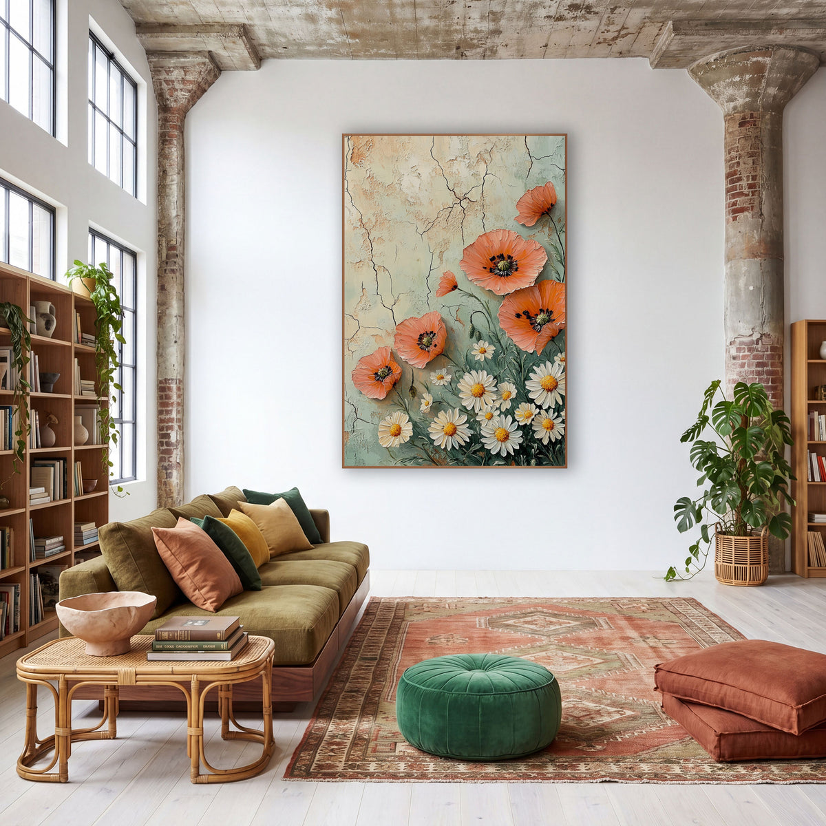 Coral Poppy and Daisy Boho Floral wall art in a warm boho-style room – coral poppies and white daisies with yellow