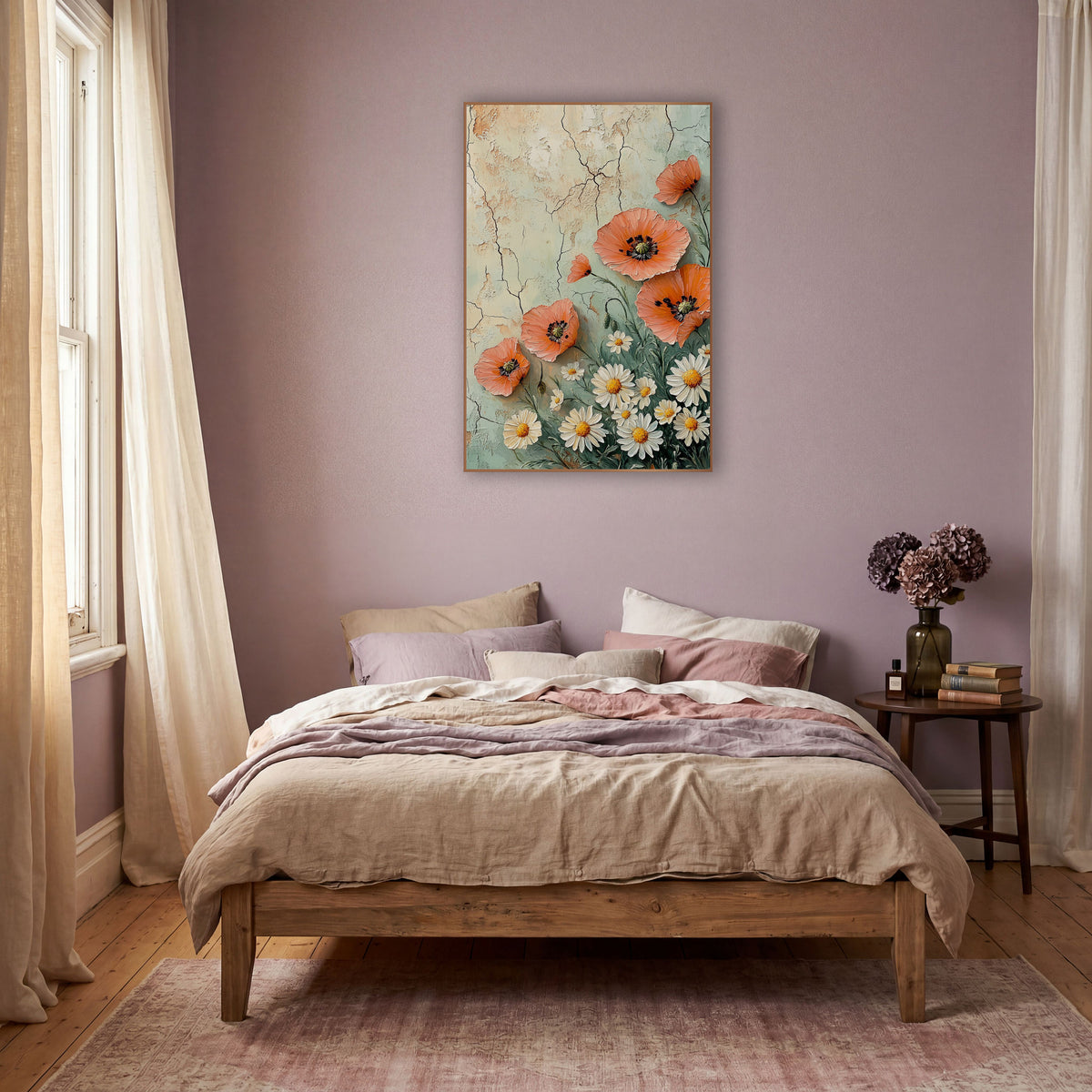 Coral Poppy and Daisy Boho Floral wall art in a warm boho-style room – coral poppies and white daisies with yellow