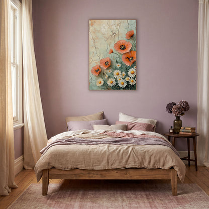 Coral Poppy and Daisy Boho Floral wall art in a warm boho-style room – coral poppies and white daisies with yellow