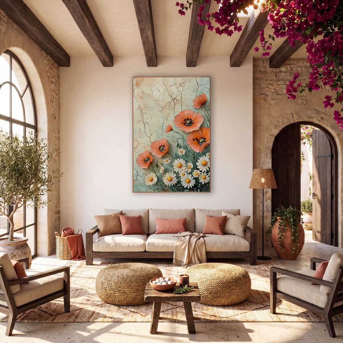 Coral Poppy and Daisy Boho Floral wall art in a warm boho-style room – coral poppies and white daisies with yellow