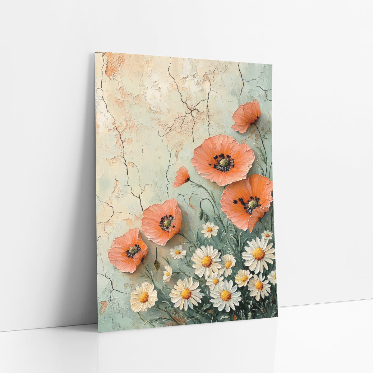 Coral Poppy and Daisy Boho Floral art print leaning against a white wall – coral poppies and white daisies with yellow