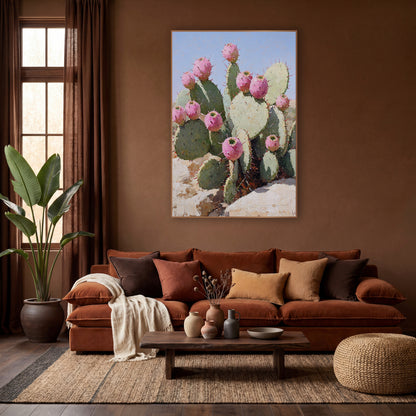 Blush Prickly Pear Desert Boho wall art in a warm boho-style room – prickly pear cactus with round pink fruit and red