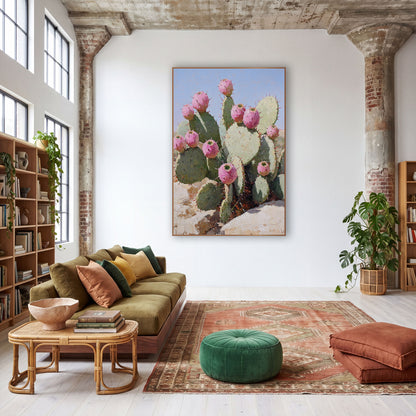 Blush Prickly Pear Desert Boho wall art in a warm boho-style room – prickly pear cactus with round pink fruit and red