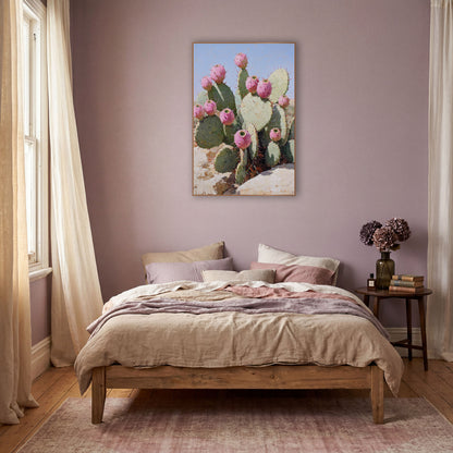 Blush Prickly Pear Desert Boho wall art in a warm boho-style room – prickly pear cactus with round pink fruit and red