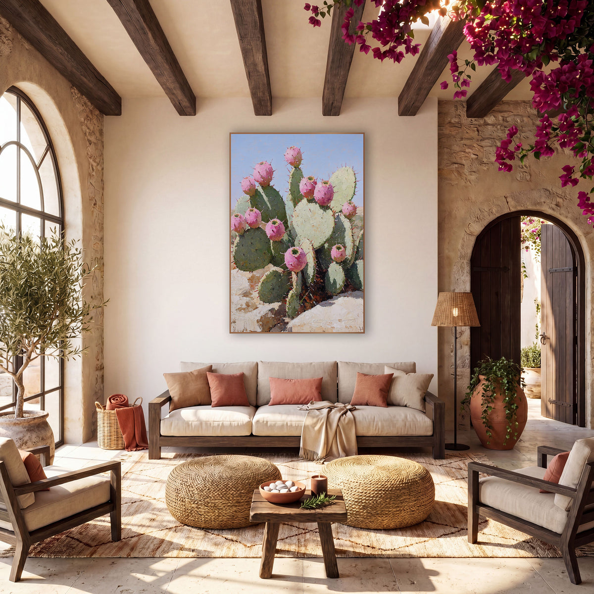 Blush Prickly Pear Desert Boho wall art in a warm boho-style room – prickly pear cactus with round pink fruit and red