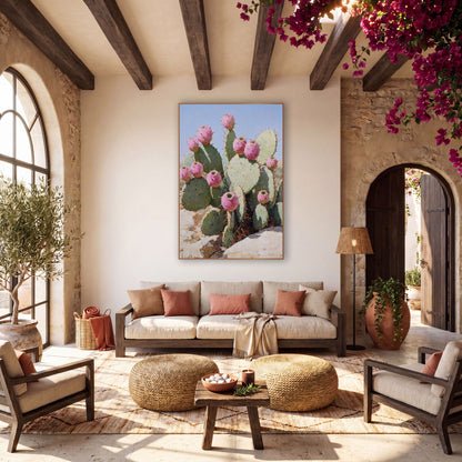 Blush Prickly Pear Desert Boho wall art in a warm boho-style room – prickly pear cactus with round pink fruit and red