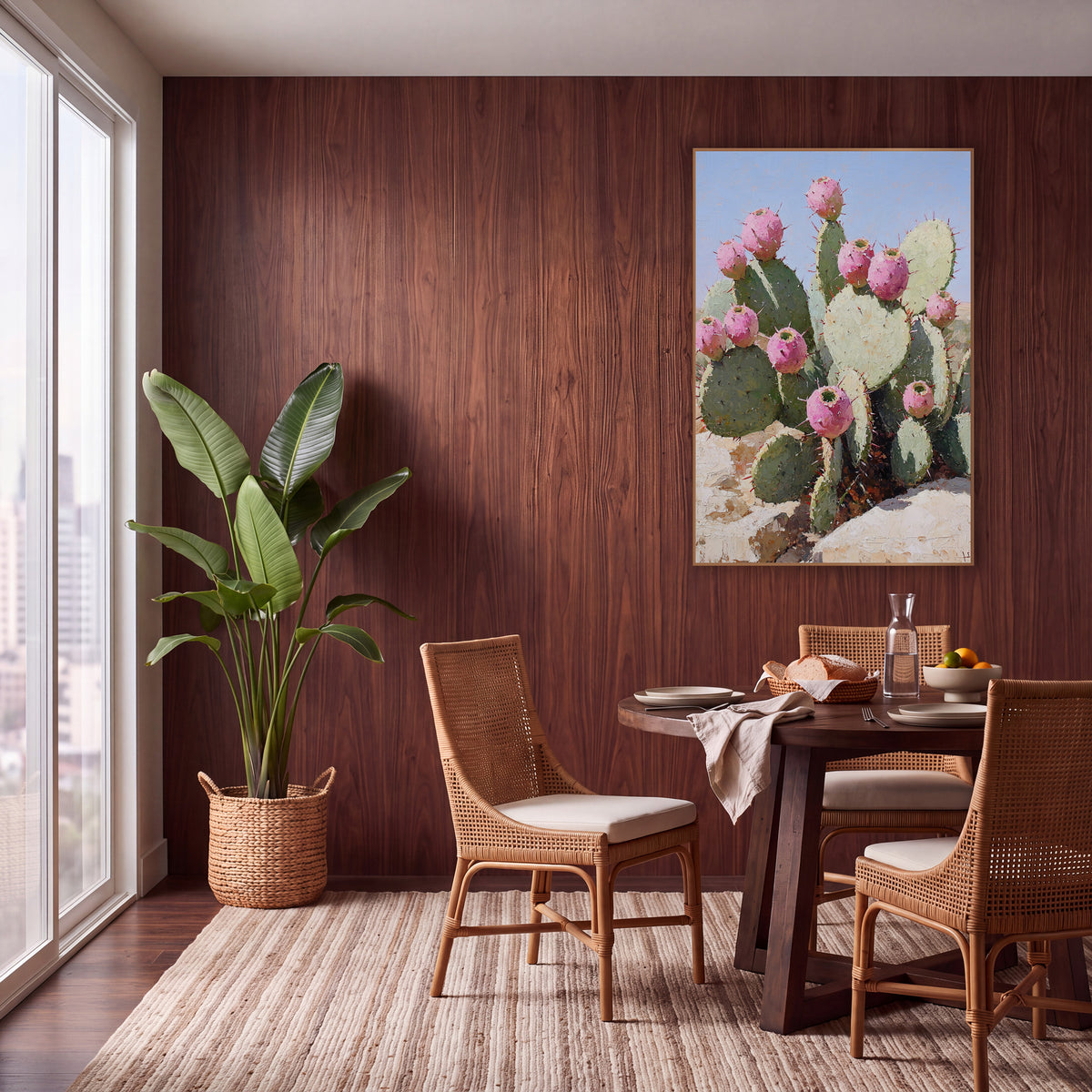 Blush Prickly Pear Desert Boho wall art in a warm boho-style room – prickly pear cactus with round pink fruit and red
