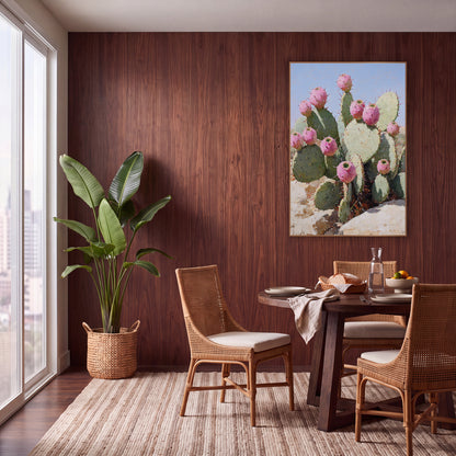 Blush Prickly Pear Desert Boho wall art in a warm boho-style room – prickly pear cactus with round pink fruit and red