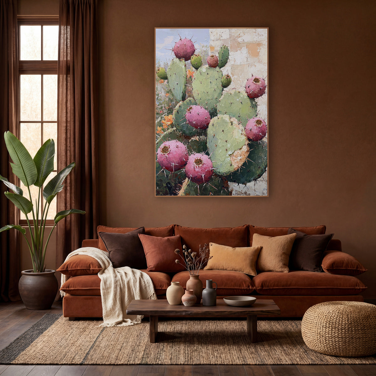 Pink Prickly Pear Boho Cactus wall art in a warm boho-style room – prickly pear cactus with round pink fruit and green