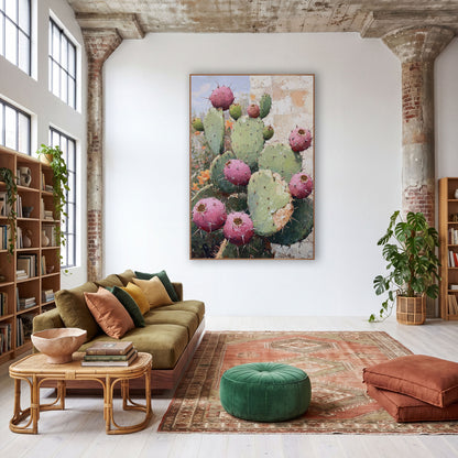 Pink Prickly Pear Boho Cactus wall art in a warm boho-style room – prickly pear cactus with round pink fruit and green